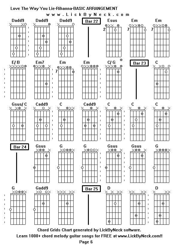 Chord Grids Chart of chord melody fingerstyle guitar song-Love The Way You Lie-Rihanna-BASIC ARRANGEMENT,generated by LickByNeck software.